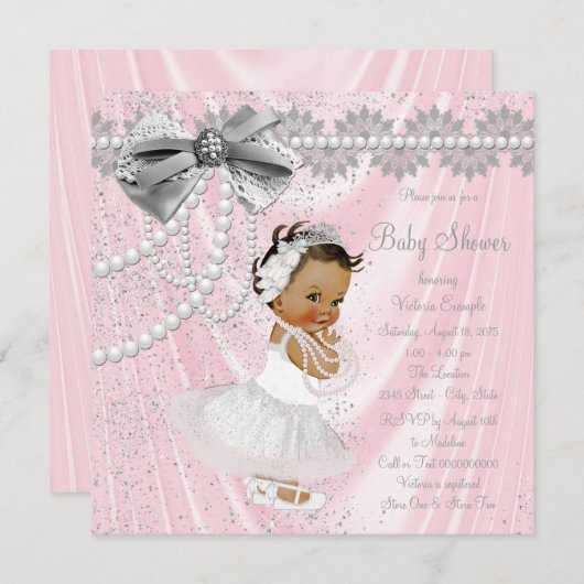 エスニックガールピンクグレーサテンパールベビーシャワー 招待状 (正面/裏面)