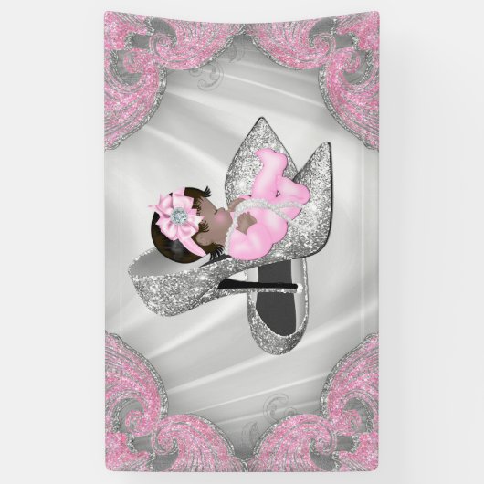 エスニックガールピンクシルバーハイヒールシューベビーシャワー 横断幕 (縦)