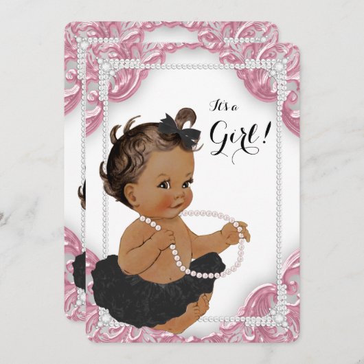 エスニックガールピンク黒ツチュベビーシャワー 招待状 (正面/裏面)