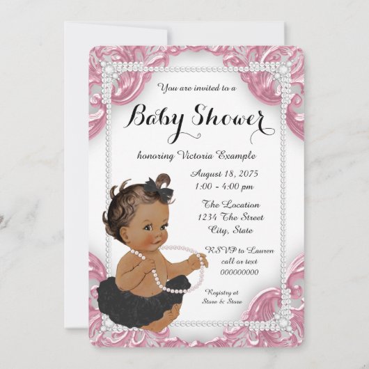 エスニックガールピンク黒ツチュベビーシャワー 招待状 (裏面)