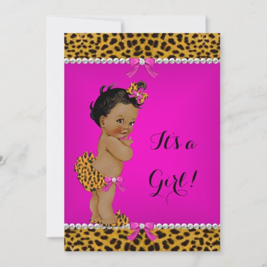 エスニックガール赤ちゃんシャワーヒョウ熱ピンク 招待状 (正面)