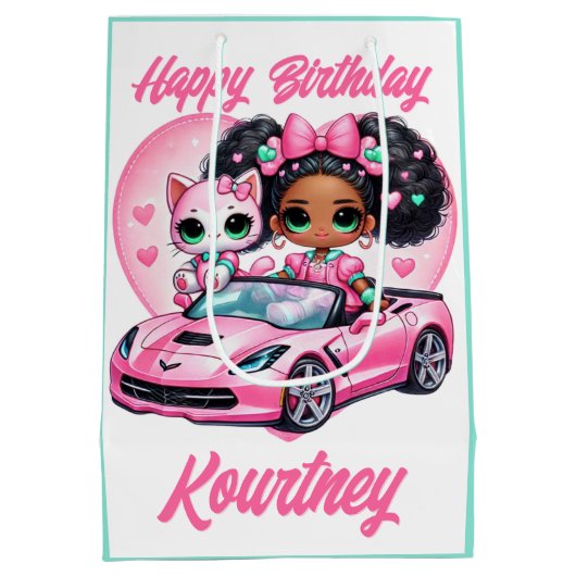 エスニックガール&キャットピンクコンバーチブルハート ミディアムペーパーバッグ (裏面)