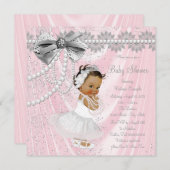 エスニックガール ピンク グレー サテン パール ベイビーシャワー 招待状 (正面/裏面)