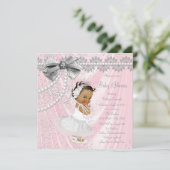 エスニックガール ピンク グレー サテン パール ベイビーシャワー 招待状 (スタンド正面)