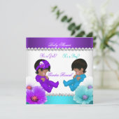 エスニックジェンダー明らかに赤ちゃんシャワー紫のティール（緑がかった色）ブルー 招待状 (スタンド正面)