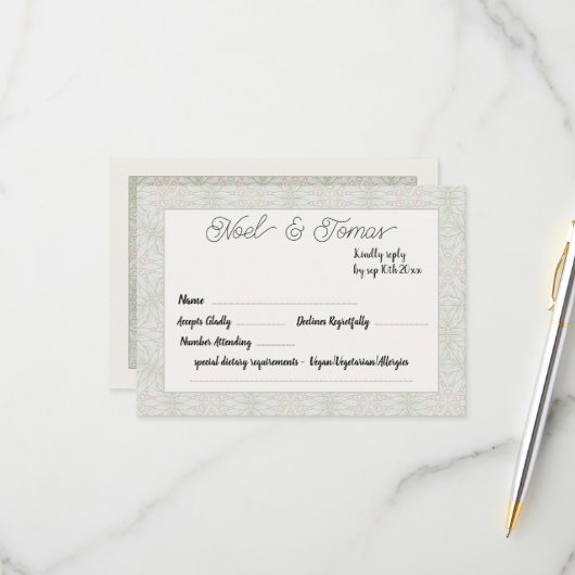 エスニックスタイルセージ緑の色の応答カード 出欠カード (正面/裏面インサイチュ)