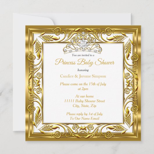 エスニックダークゴールデンプリンセスベビーシャワー金ゴールドホワイト 招待状 (裏面)