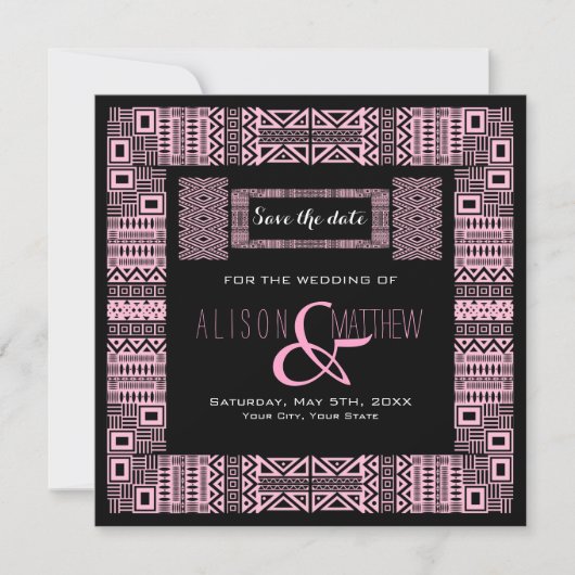 エスニックデザインブラックピンクザデイト招待状 セーブザデート (正面)