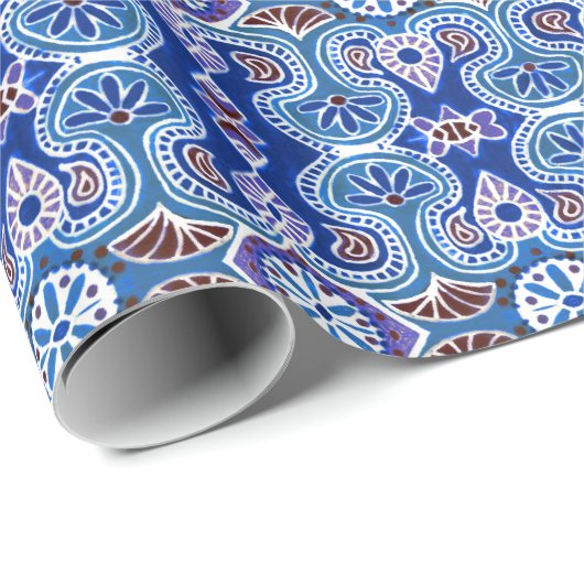 エスニックパターンブルーとパープルギフトラップ ラッピングペーパー (ロールコーナー)