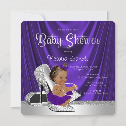 エスニックパープルバレリーナシルバーシュー赤ちゃんシャワー 招待状 (正面)