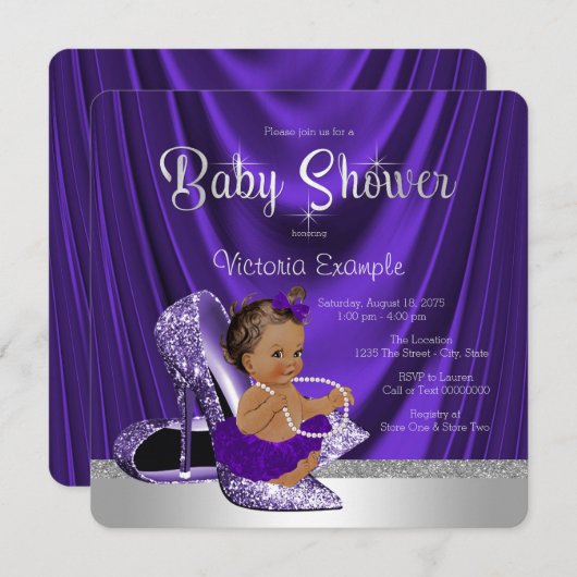 エスニックパープルバレリーナハイヒールシューベビーシャワー 招待状 (正面/裏面)