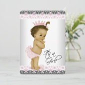 エスニックピンクとグレーの赤ちゃんガールシャワー 招待状 (スタンド正面)