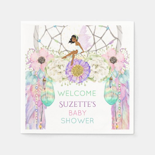 エスニックフェアリードリームキャッチャー羽毛ラベンダーピンク スタンダードカクテルナプキン (正面)