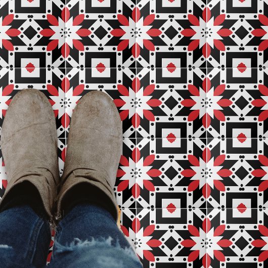 エスニックフォークボーホレッド白黒幾何学模様 タイル
