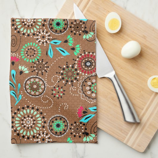 エスニックフォーク抽象芸術フローラルパターンのレトロブラウン キッチンタオル (四つ折り)