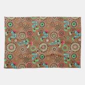 エスニックフォーク抽象芸術フローラルパターンのレトロブラウン キッチンタオル (横)