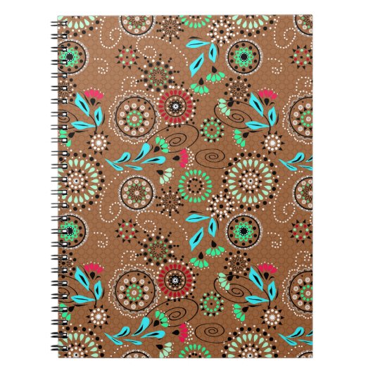 エスニックフォーク抽象芸術フローラルパターンのレトロブラウン ノートブック (正面)