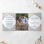 エスニックブルー華美フローラアーチインディアン結婚ズ 三つ折り招待状 (内部)