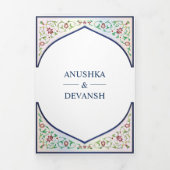 エスニックブルー華美フローラアーチインディアン結婚ズ 三つ折り招待状 (カバー)