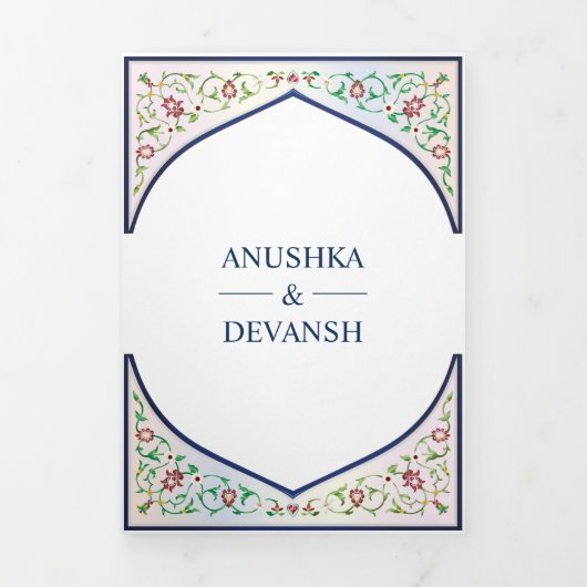 エスニックブルー華美フローラアーチインディアン結婚ズ 三つ折り招待状 (カバー)