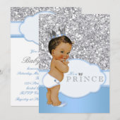 エスニックプリンスベイビーシャワーブルーとシルバー 招待状 (正面/裏面)