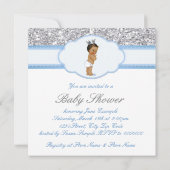 エスニックプリンスベビーシャワーブルーとシルバー 招待状 (裏面)