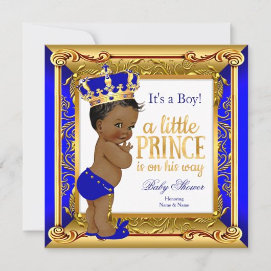 エスニックプリンスベビーシャワーブルーフェイク金ゴールド 招待状 (正面)