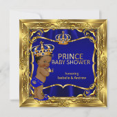 エスニックプリンスベビーシャワーボーイブルー華美金ゴールド 招待状 (正面)