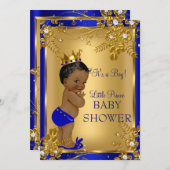 エスニックプリンスボーイ赤ちゃんシャワー金ゴールドブルーフローラ 招待状 (正面/裏面)