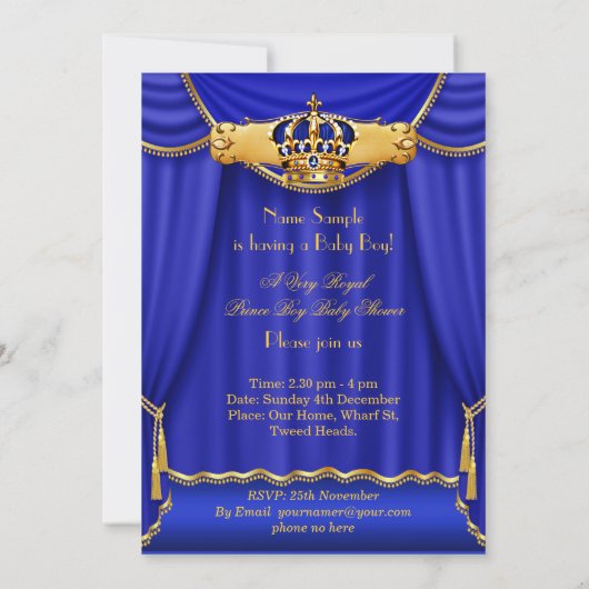 エスニックプリンスボーイ赤ちゃん王室のシャワーブルードレープ 招待状 (裏面)