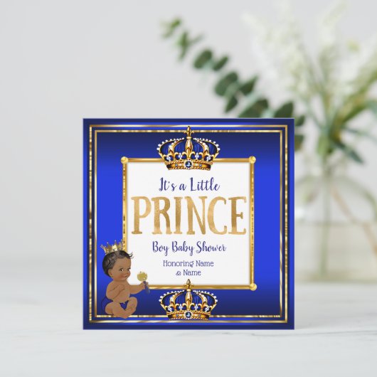 エスニックプリンスボーイ赤ちゃん王室のシャワーブルー金ゴールド 招待状 (スタンド正面)