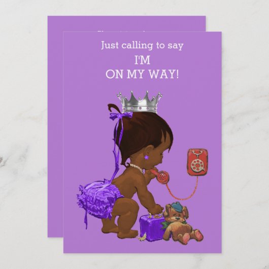 エスニックプリンセスオンフォンパープルベビーシャワー 招待状 (正面/裏面)