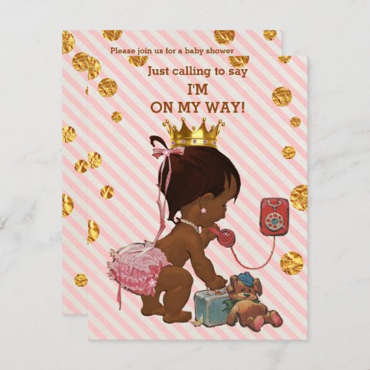 エスニックプリンセスオンフォン金ゴールド紙吹雪ベビーシャワー 招待状 (正面/裏面)