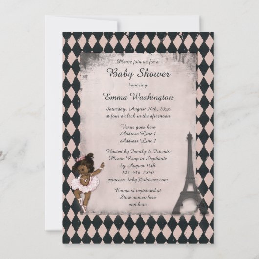 エスニックプリンセスバレリーナエッフェルタワーベイビーシャワー 招待状 (裏面)