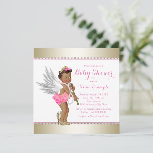 エスニックプリンセスパールピンク金ゴールドエンジェルベビーシャワー 招待状 (スタンド正面)