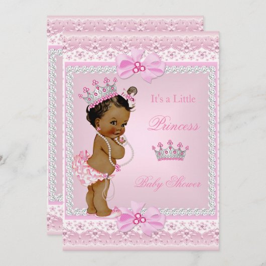 エスニックプリンセスベビーシャワーガールピンクパールティアラ 招待状 (正面/裏面)