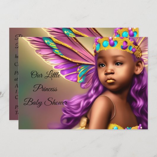 エスニックプリンセスベビーシャワーバタフライパープル 招待状 (正面/裏面)