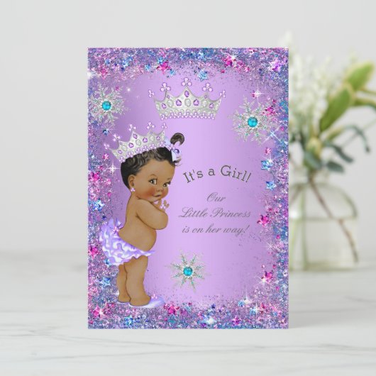 エスニックプリンセスベビーシャワーパープルティール（緑がかった色）ブルーピンク 招待状 (スタンド正面)