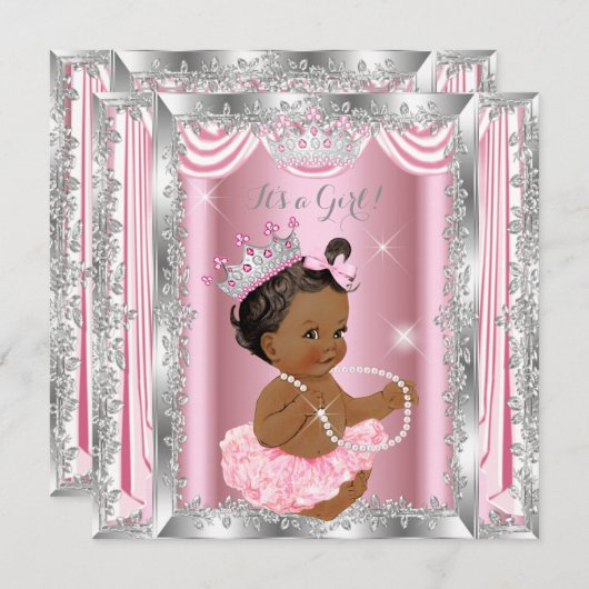 エスニックプリンセスベビーシャワーピンクシルバーバレリーナ 招待状 (正面/裏面)