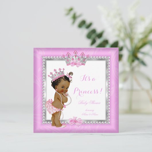 エスニックプリンセスベビーシャワーピンクシルバーパール 招待状 (スタンド正面)