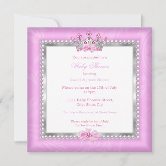 エスニックプリンセスベビーシャワーピンクシルバーパール 招待状 (裏面)