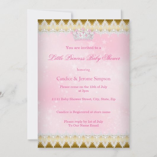 エスニックプリンセスベビーシャワーピンクツツ金ゴールド 招待状 (裏面)