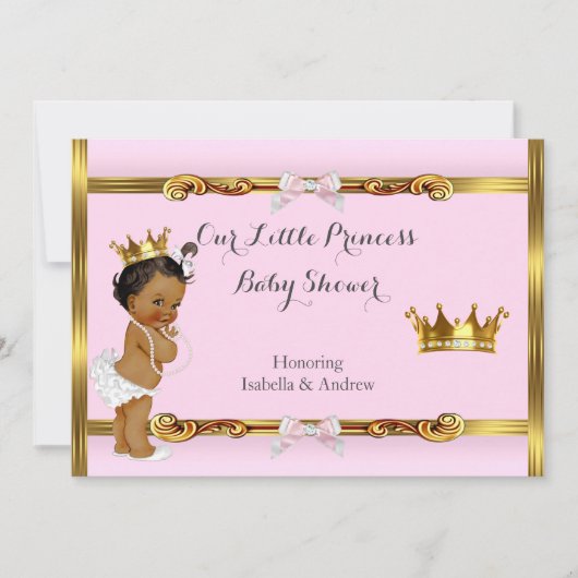 エスニックプリンセスベビーシャワーピンク金ゴールドガール 招待状 (正面)