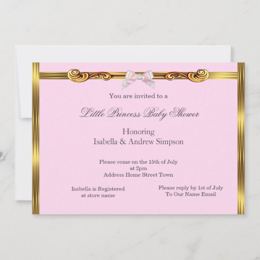 エスニックプリンセスベビーシャワーピンク金ゴールドガール 招待状 (裏面)
