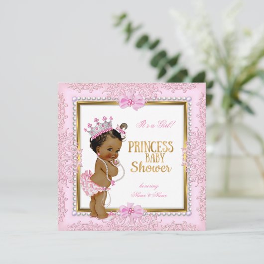 エスニックプリンセスベビーシャワー金ゴールドピンクパールレース 招待状 (スタンド正面)