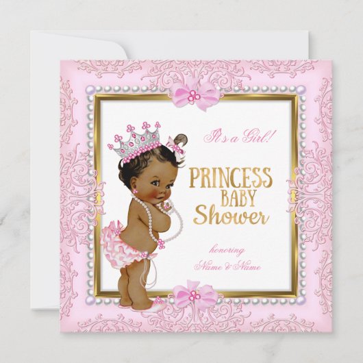 エスニックプリンセスベビーシャワー金ゴールドピンクパールレース 招待状 (正面)
