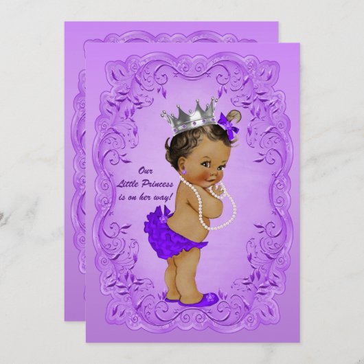 エスニックプリンセス赤ちゃん華美シャワーパープルフレーム 招待状 (正面/裏面)
