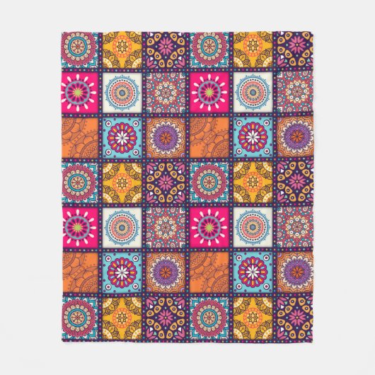 エスニックプリントカラフルマンダラスタイルパターン フリースブランケット (正面)