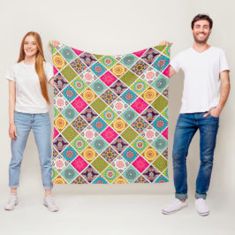 エスニックプリントカラフルマンダラスタイルパターン フリースブランケット