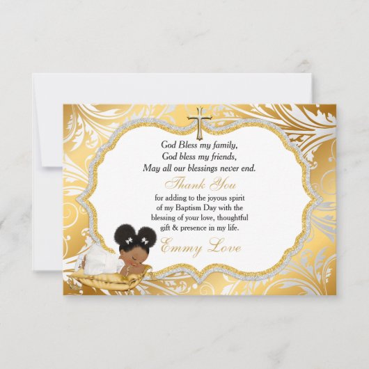 エスニックベビーガールバプテスマ金ゴールドクロスサンキューサンキュー サンキューカード (正面)